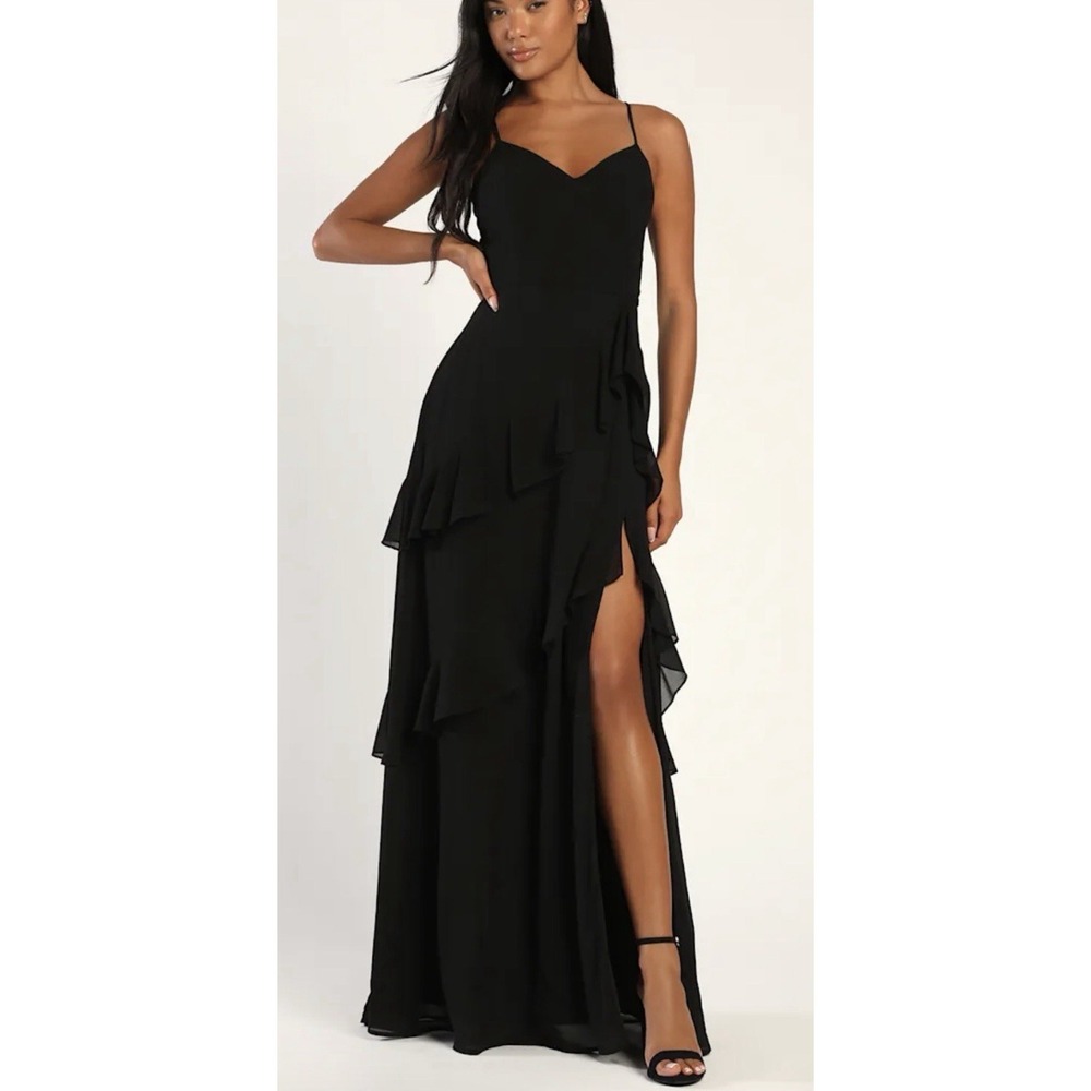 Lulus Maxi Strappy Dress Black Tiered Ruffled Front Slit S Preppy Prom Wedding